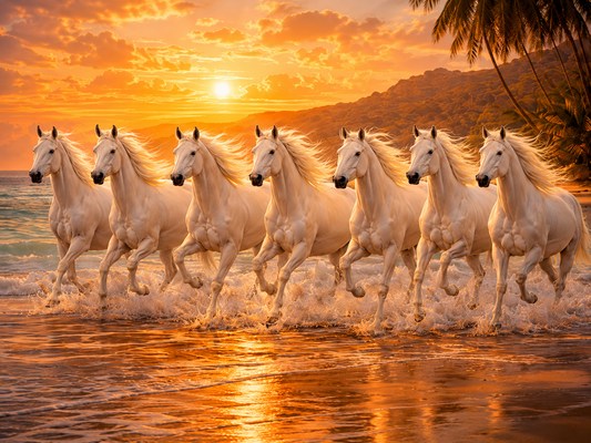 Golden Dawn Seven Horses Vastu Painting - Enhance Positive Energy, Success, and Harmony