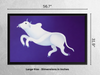 Bull painting Frame artwork of  a white creature on a purple background with dimensions for space wall decor.