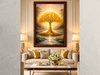 Golden Tree of Life Vastu wall painting styled in modern living room above sofa, enhancing decor and positive energy for wealth and abundance.