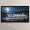 Framed white horses painting running in forest at night with full moon background