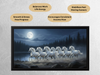 Framed artwork of white horses running in a night scene with a moonlit sky, on a textured gray wall.