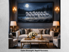 Large framed white horses painting under moonlight in living room, displayed above gray sofa with decorative items, enhancing home decor and positive energy.